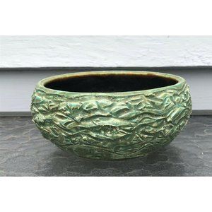 Vintage pottery planter green round bowl style textured handthrown signed CMC 71